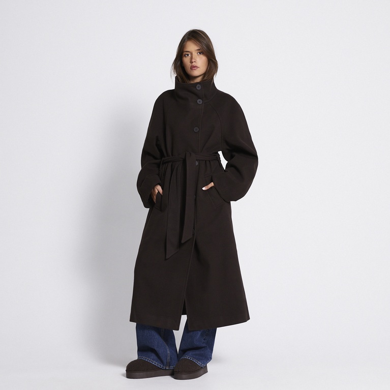 Long high-neck belted coat "Victoria" Brown